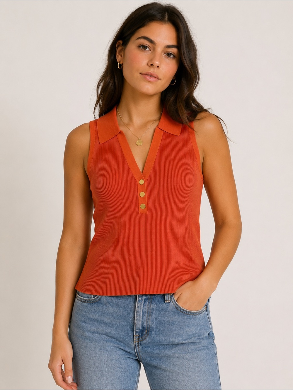 INC International Orange Sleeveless Ribbed Polo Sweater Top Size Medium NWT